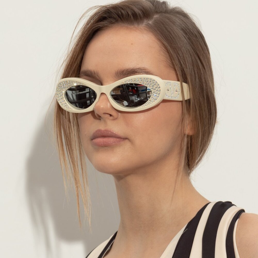 NEW VALENTINO VLS-178E IVORY WITH CRYSTAL SILVER OVAL SUNGLASSES VALENTINO